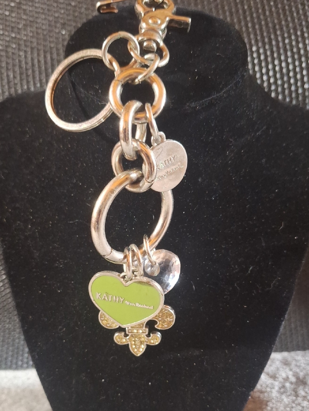 Kathy Van Zeeland Crystal Heart Silver Tone Fleur Delis Keychain Purse Tag Charm